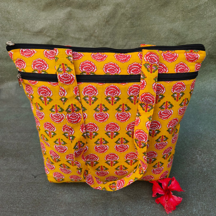 Medium Size Handbag yellow with pink flower print
