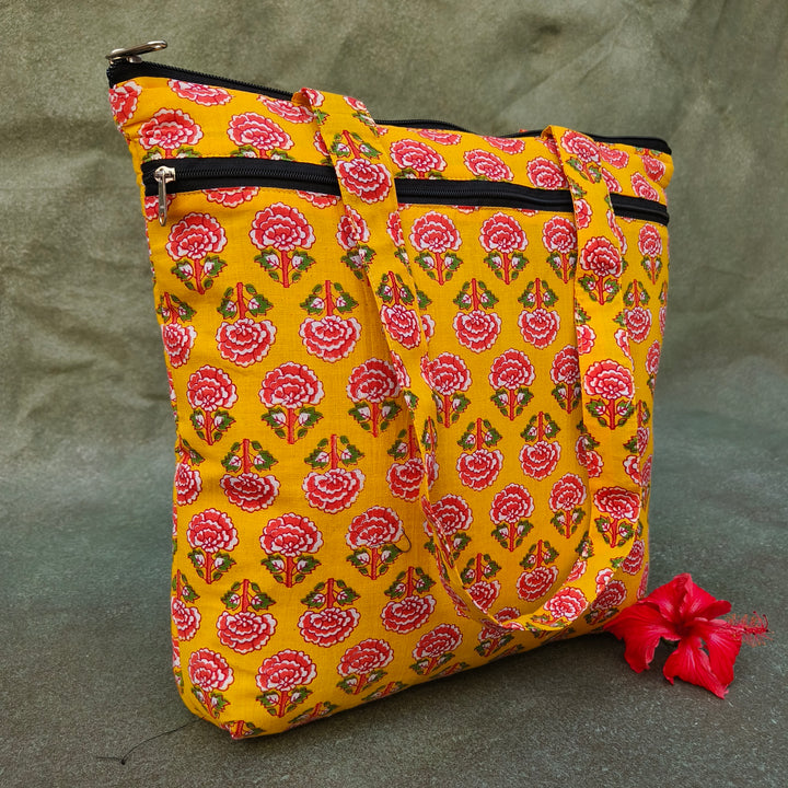 Medium Size Handbag yellow with pink flower print