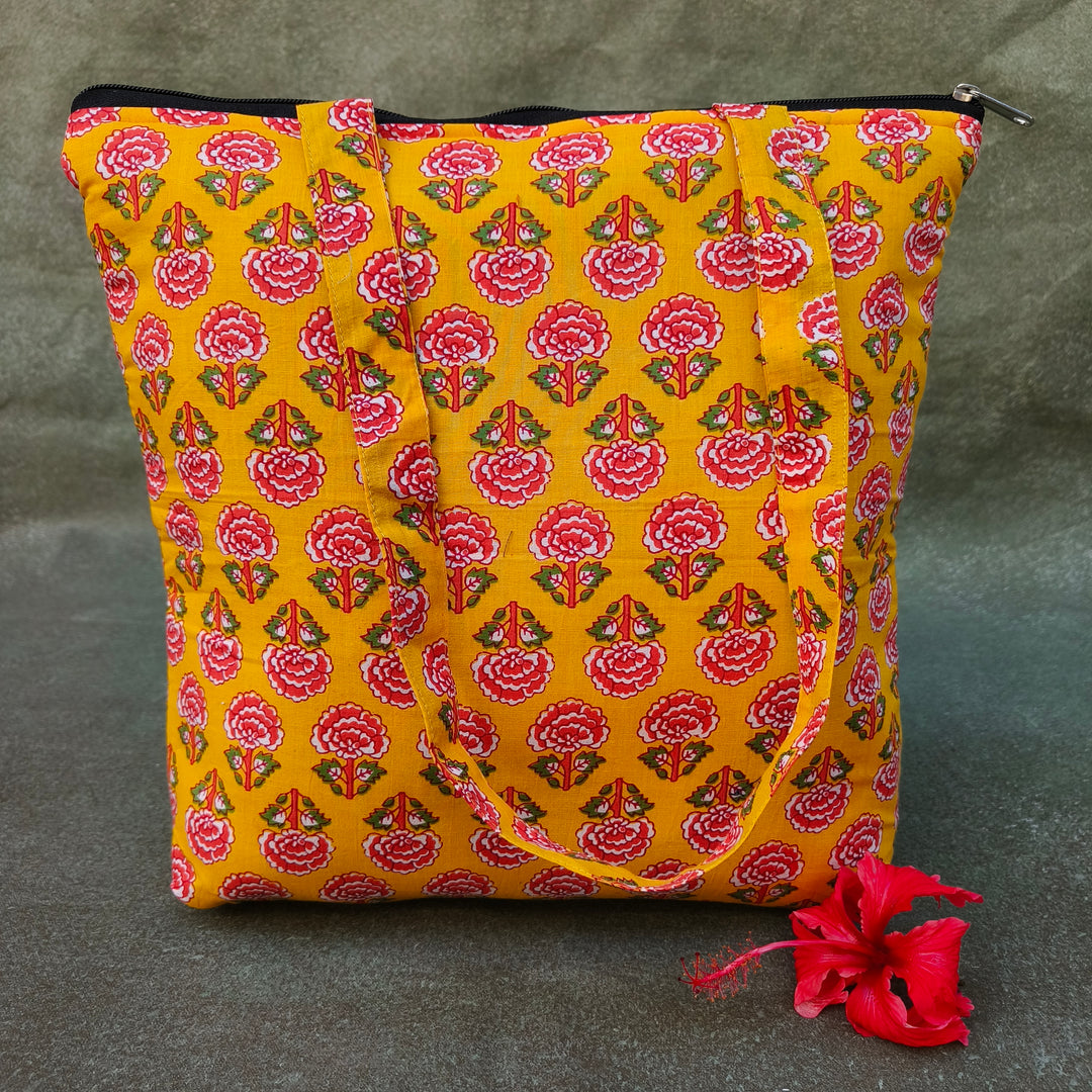 Medium Size Handbag yellow with pink flower print