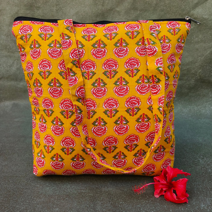 Medium Size Handbag yellow with pink flower print