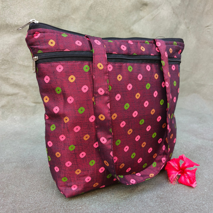 Medium Size Handbag Maroon with multicolor dot print