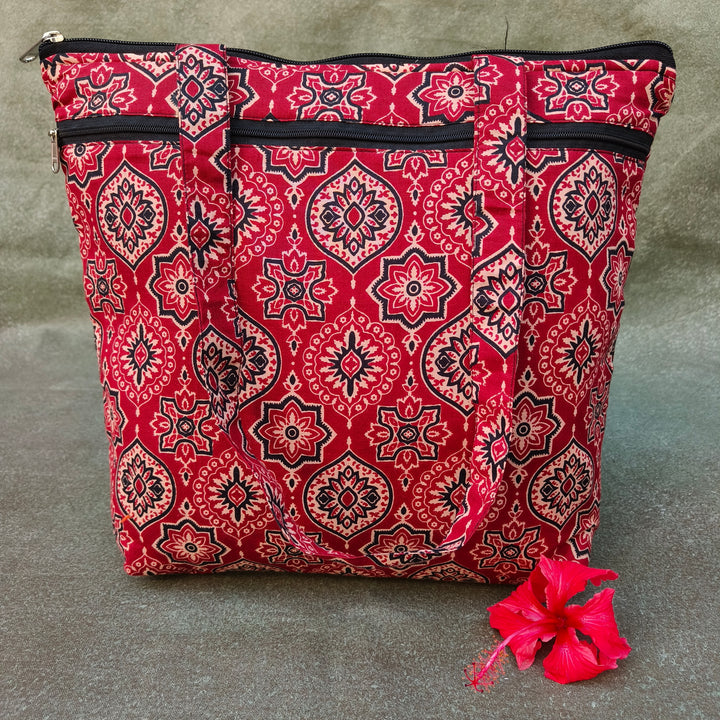 Medium Size Handbag Red with diamond flower print