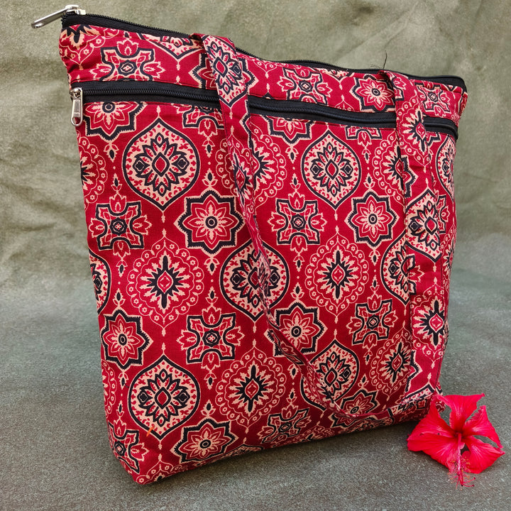 Medium Size Handbag Red with diamond flower print