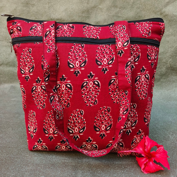 Medium Size Handbag Red with black jaipur print