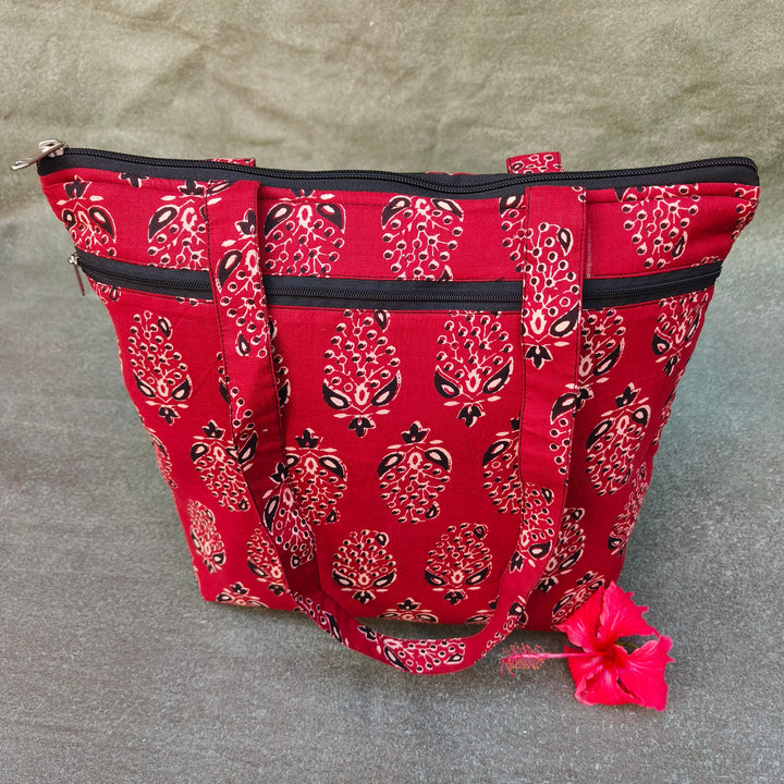Medium Size Handbag Red with black jaipur print