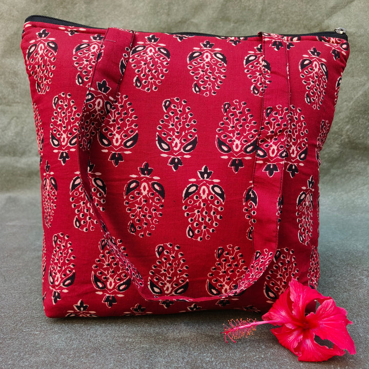 Medium Size Handbag Red with black jaipur print