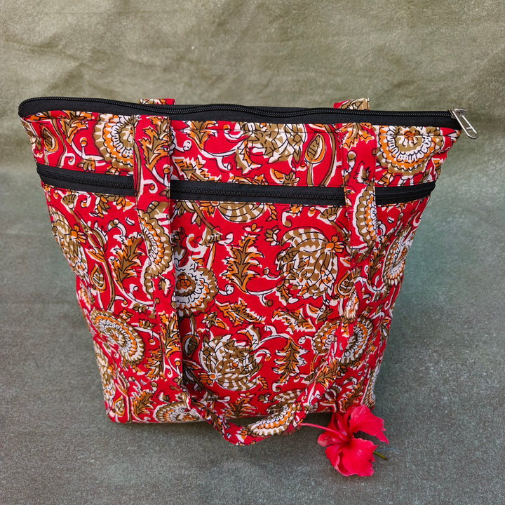Medium Size Handbag Red with green flower print
