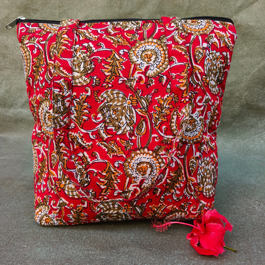 Medium Size Handbag Red with green flower print