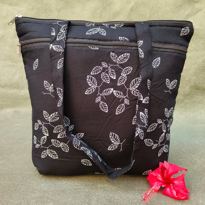 Medium Size Handbag Black with white leaf print