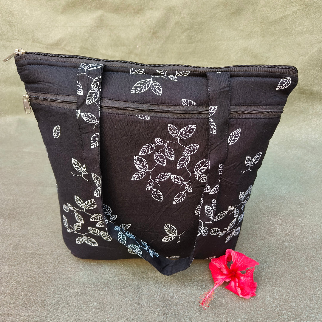 Medium Size Handbag Black with white leaf print
