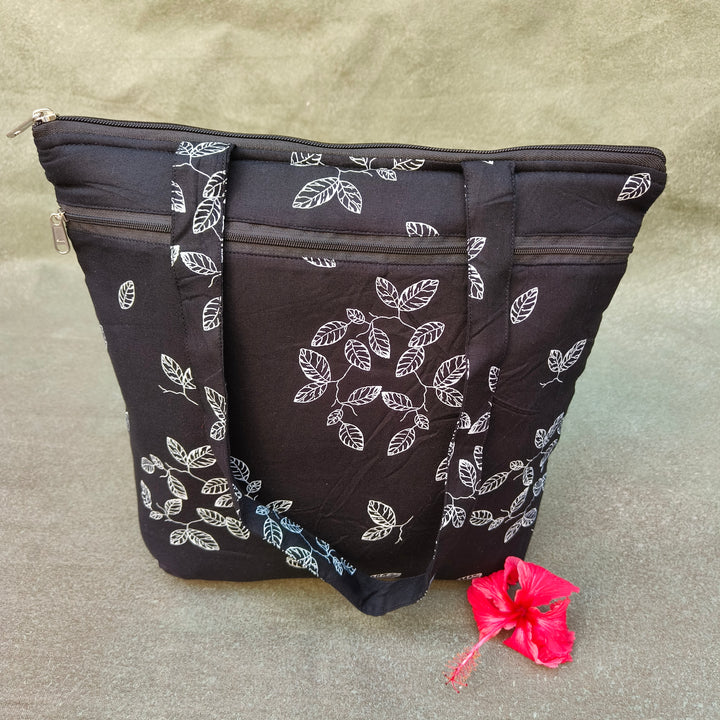 Medium Size Handbag Black with white leaf print