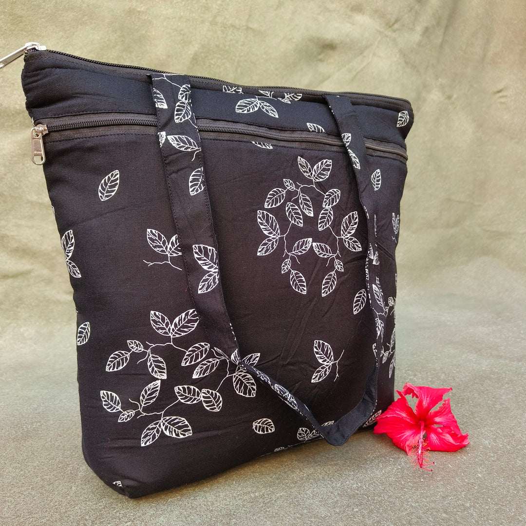 Medium Size Handbag Black with white leaf print
