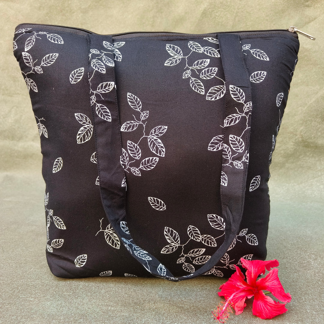 Medium Size Handbag Black with white leaf print