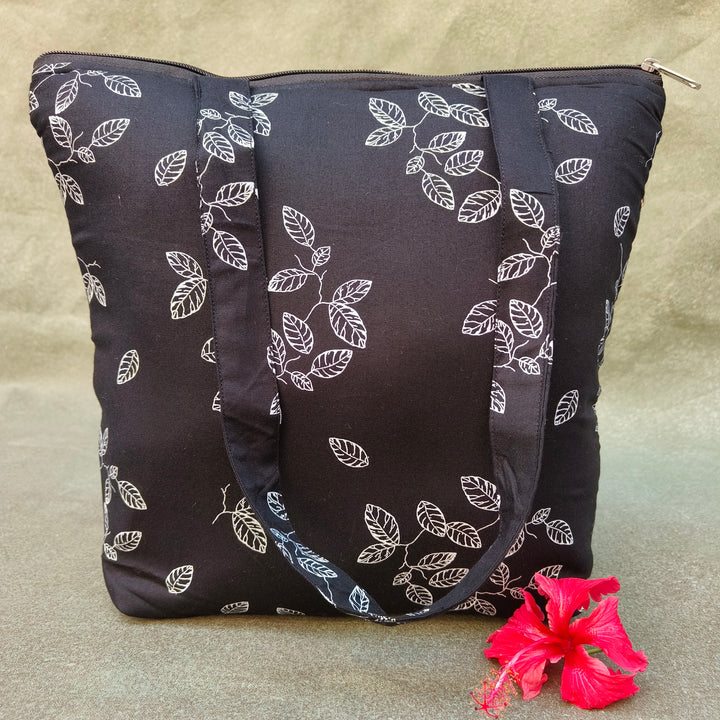 Medium Size Handbag Black with white leaf print