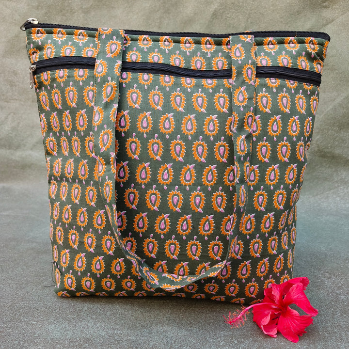 Medium Size Handbag Green with yellow small mango print