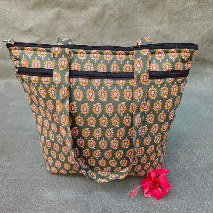 Medium Size Handbag Green with yellow small mango print