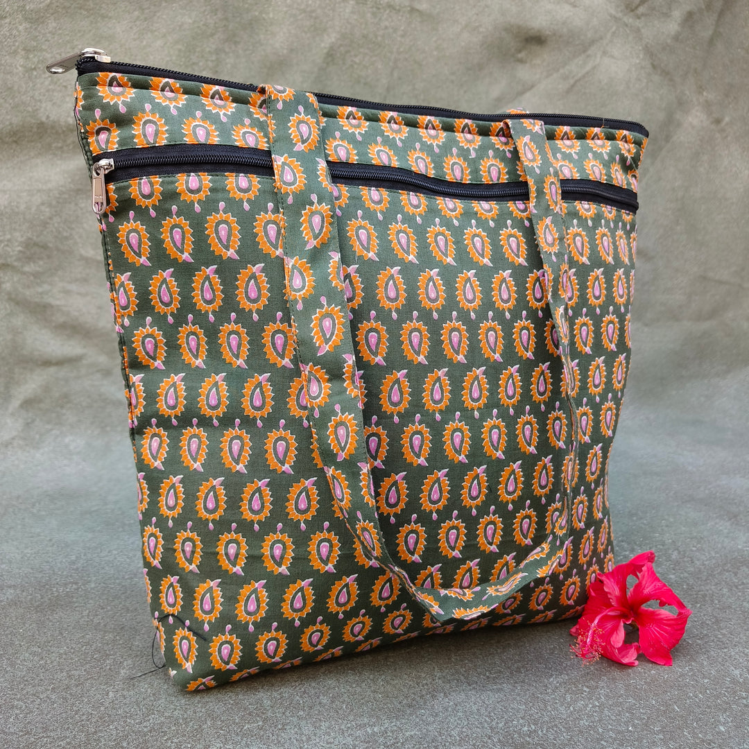 Medium Size Handbag Green with yellow small mango print