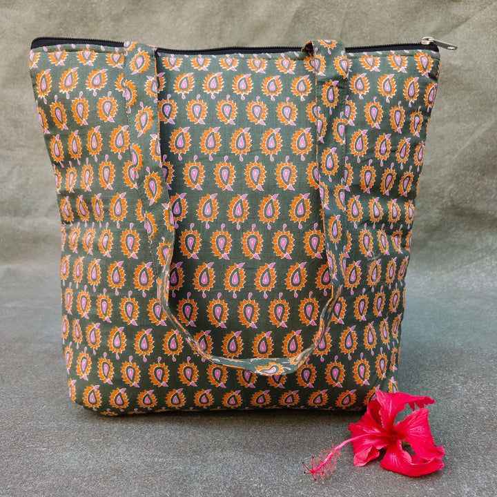 Medium Size Handbag Green with yellow small mango print