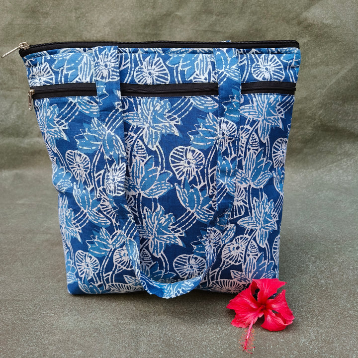 Medium Size Handbag Blue with white flower print