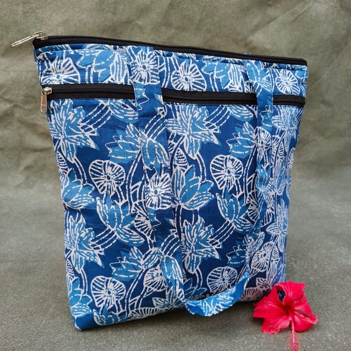 Medium Size Handbag Blue with white flower print