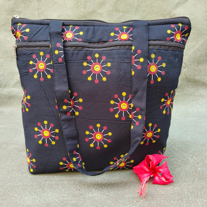 Medium Size Handbag Black with sun flower print