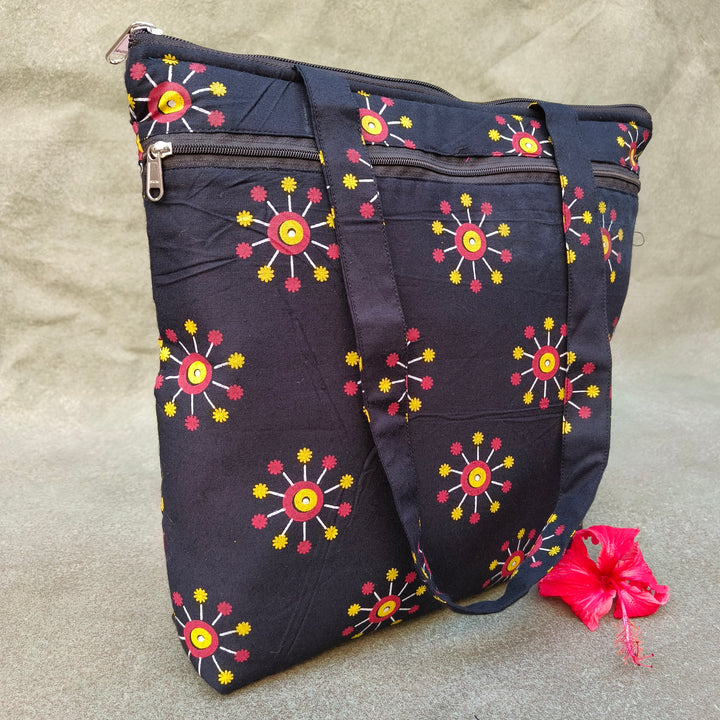 Medium Size Handbag Black with sun flower print