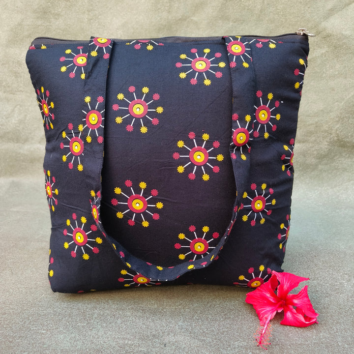Medium Size Handbag Black with sun flower print