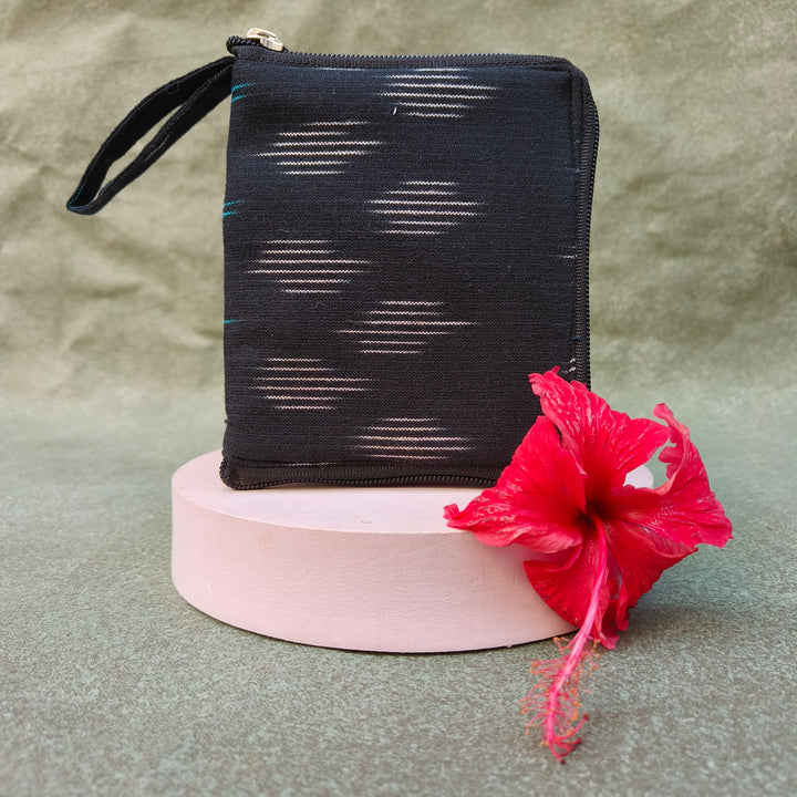Mini wallet with card holder Black with white lines print
