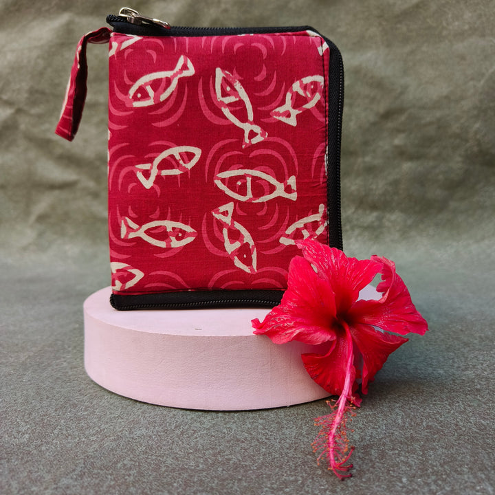 Mini wallet  with card holder Red with fish print