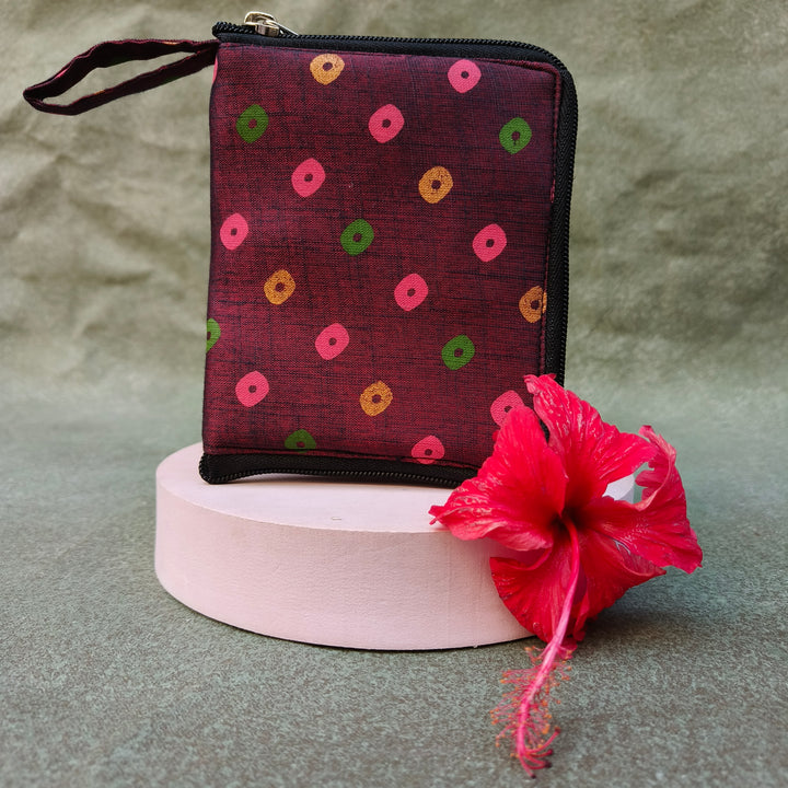 Mini wallet  with card holder Maroon with multicolor dot print