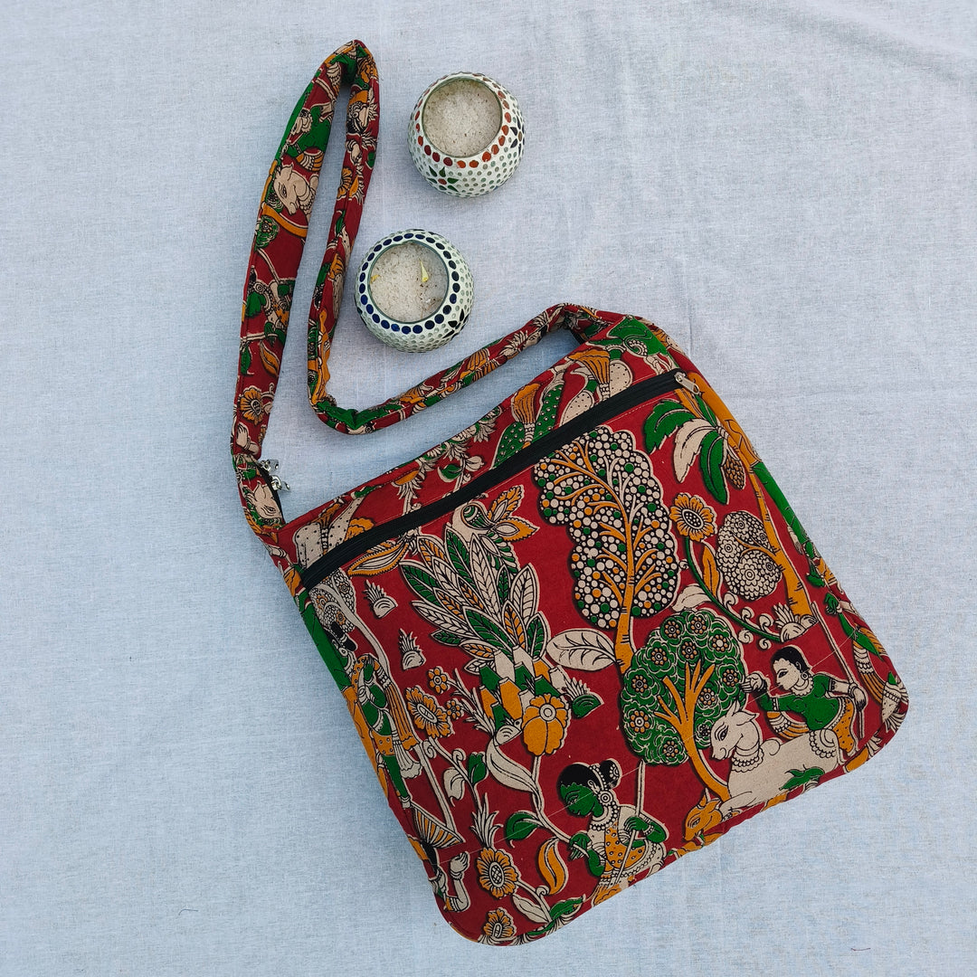 Jholna Sling With Key Holder Red with kalamkari print
