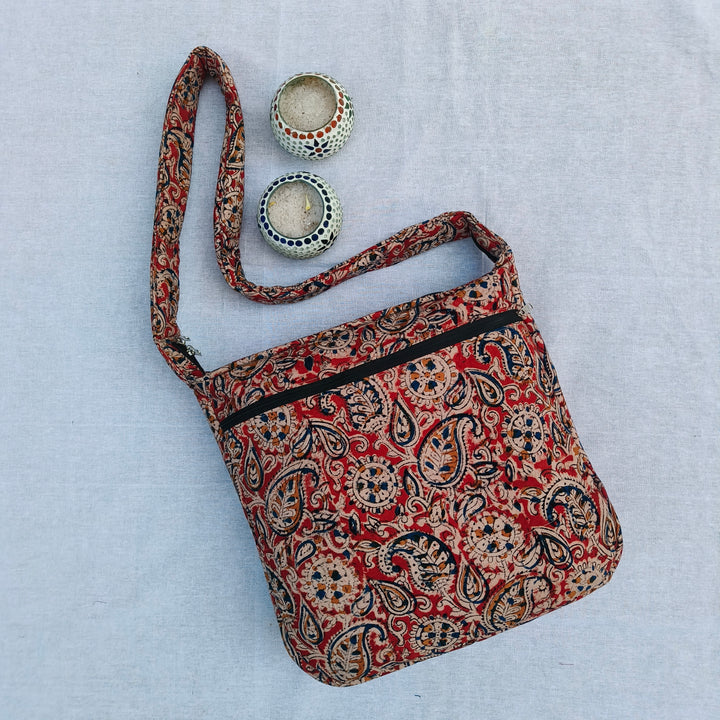 Jholna Sling With Key Holder Red with mango print