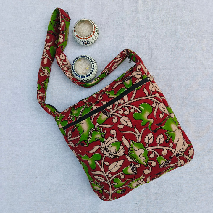 Jholna Sling With Key Holder Red with Green Madhubani print