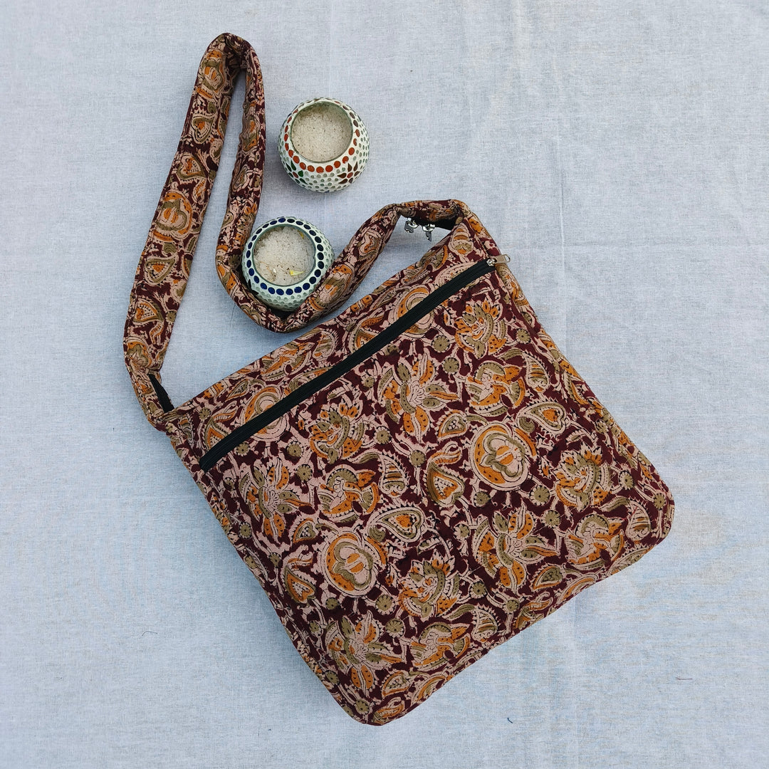 Jholna Sling With Key Holder Maroon with hand block print