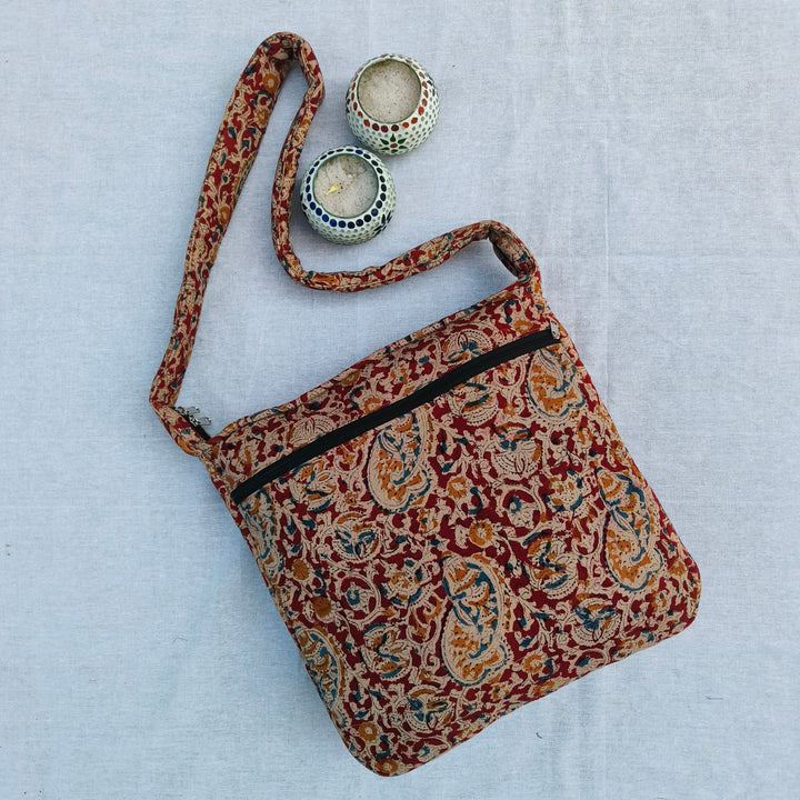 Jholna Sling With Key Holder Red with block-printed