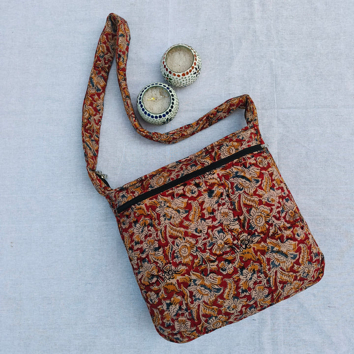 Jholna Sling With Key Holder Red with flower print