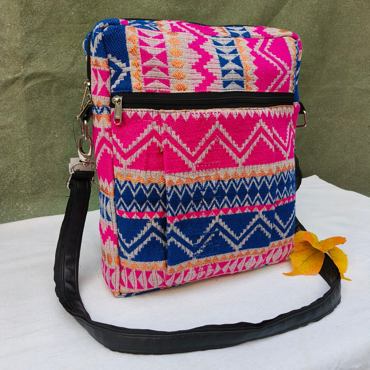 Lap sling cum backpack Pink with white zigzag print