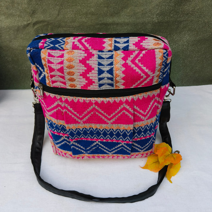 Lap sling cum backpack Pink with white zigzag print