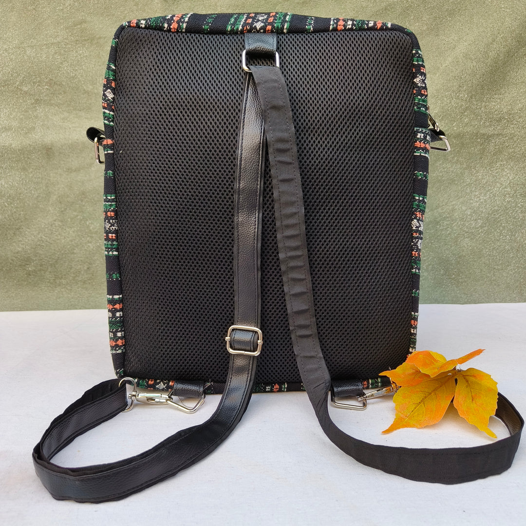 Lap sling cum backpack Black with multicolor lines