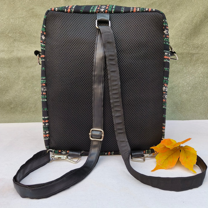 Lap sling cum backpack Black with multicolor lines