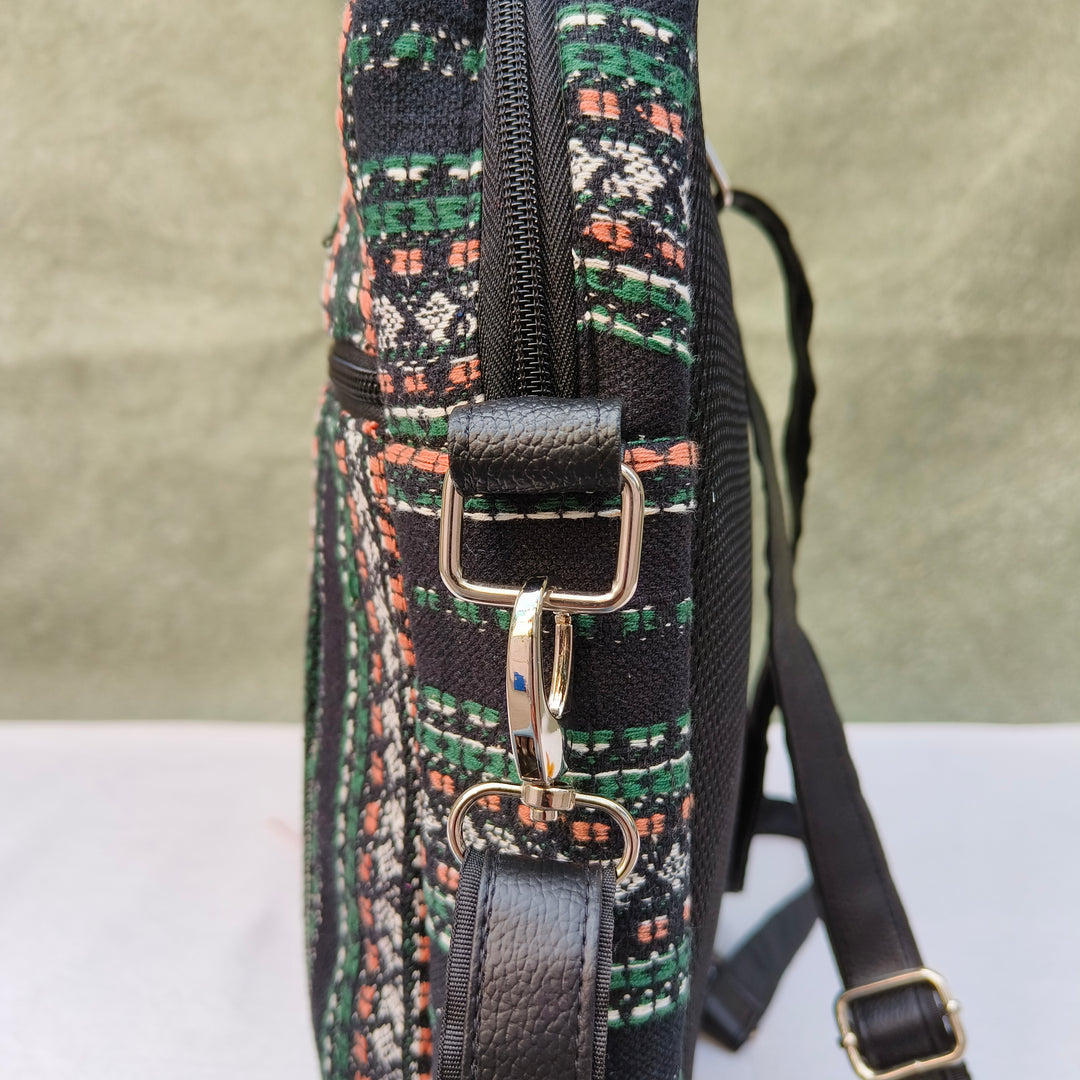 Lap sling cum backpack Black with multicolor lines