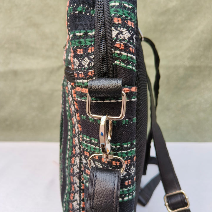 Lap sling cum backpack Black with multicolor lines