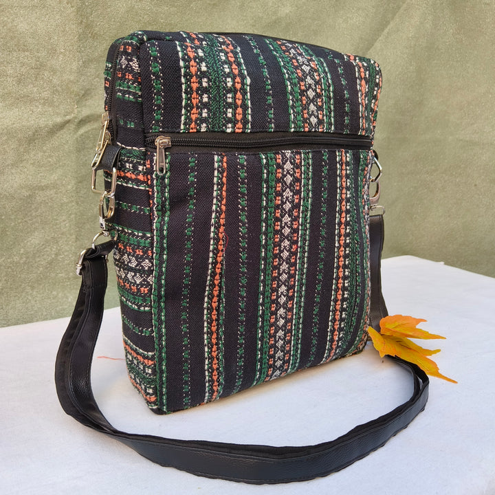 Lap sling cum backpack Black with multicolor lines