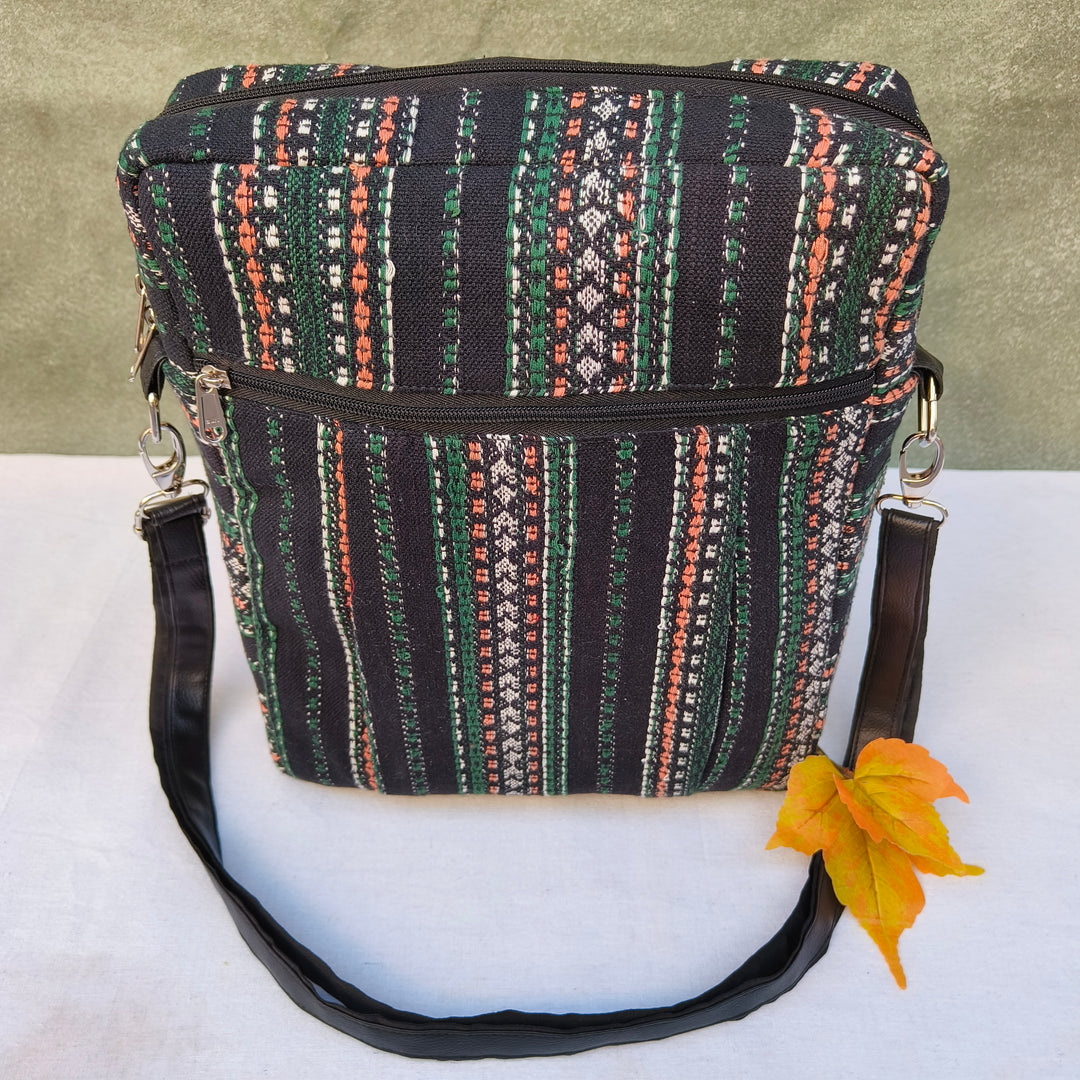 Lap sling cum backpack Black with multicolor lines