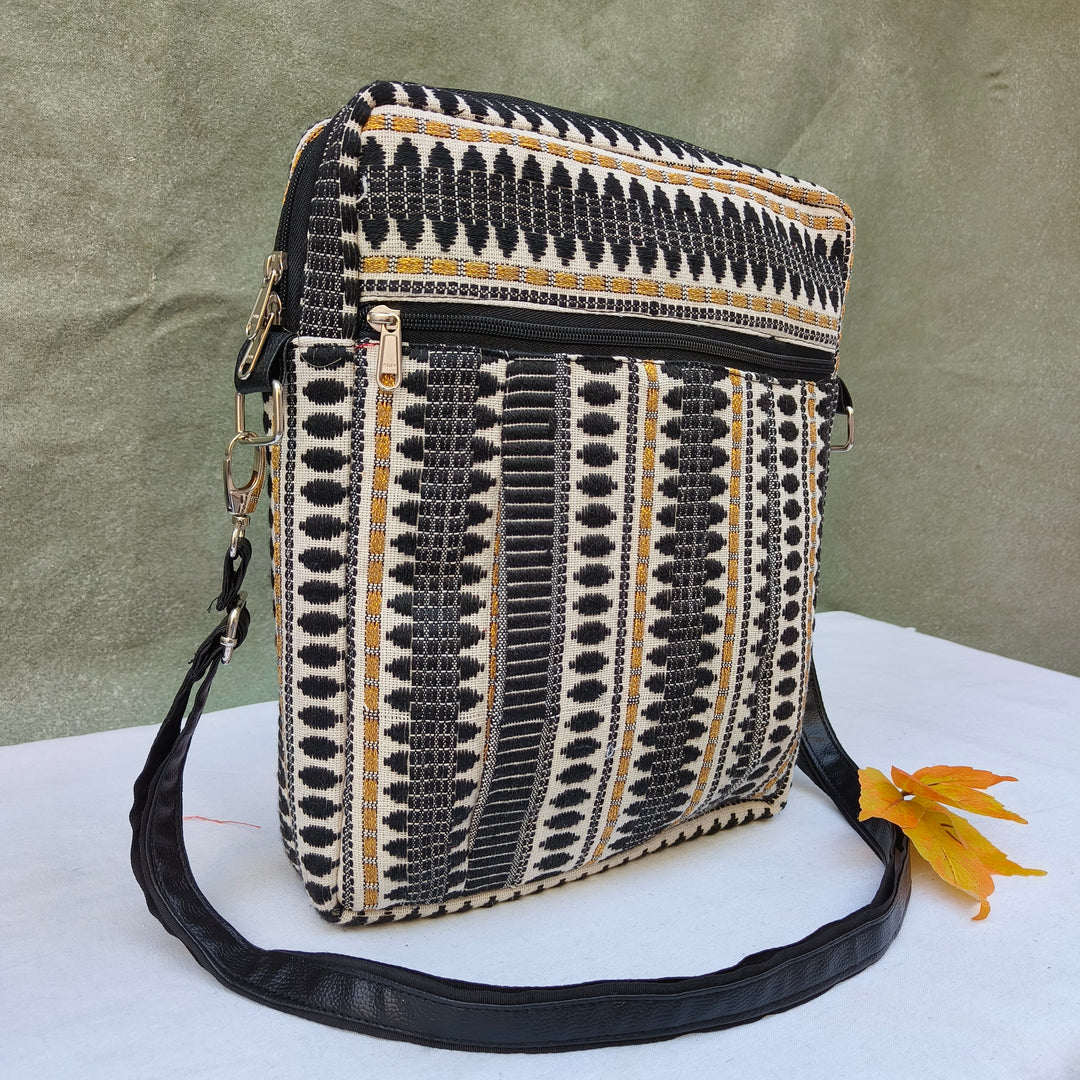 Lap sling cum backpack white with black oval print