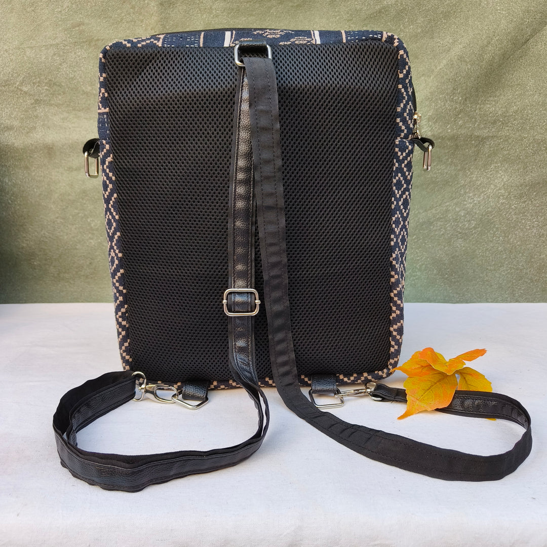 Lap sling cum backpack Navy blue with half white diamond print