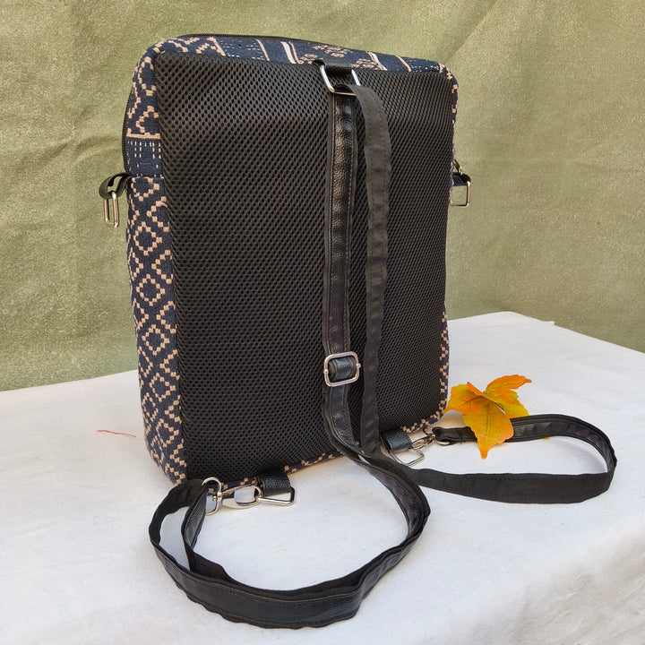 Lap sling cum backpack Navy blue with half white diamond print