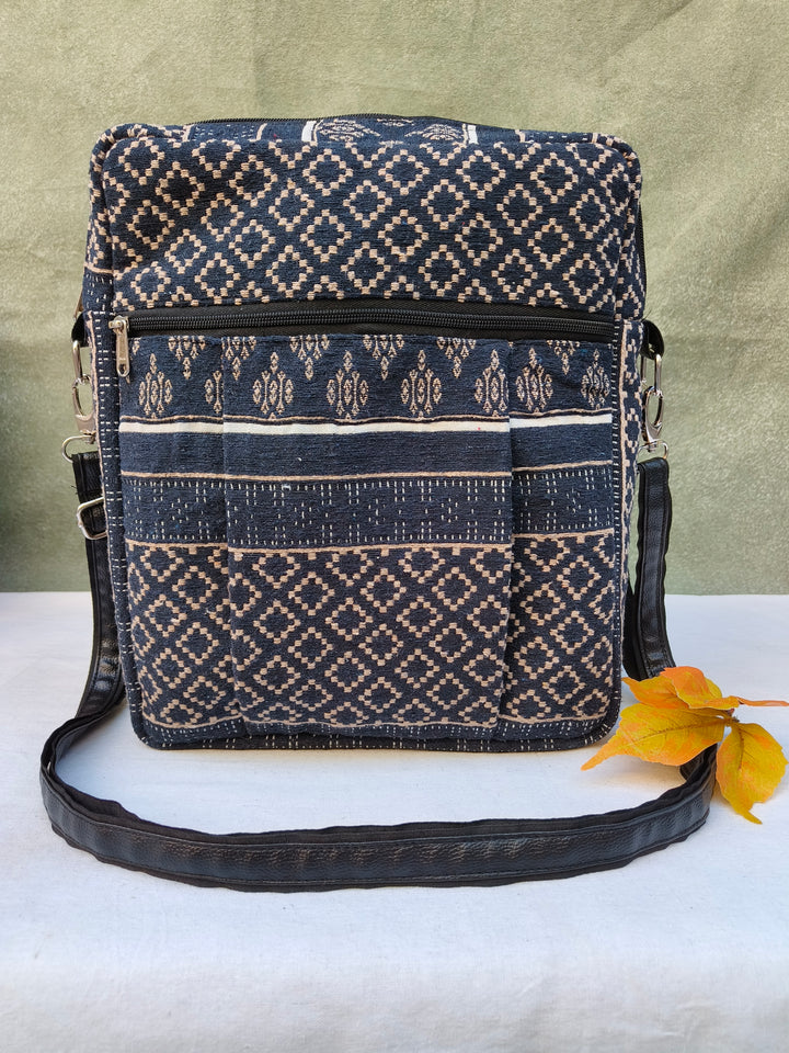 Lap sling cum backpack Navy blue with half white diamond print