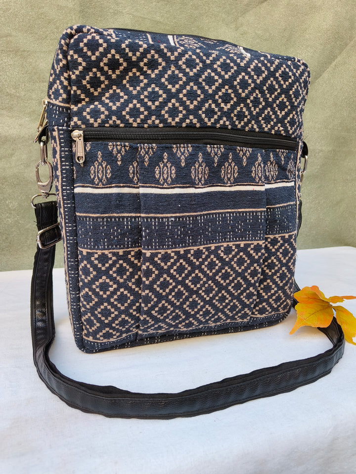 Lap sling cum backpack Navy blue with half white diamond print