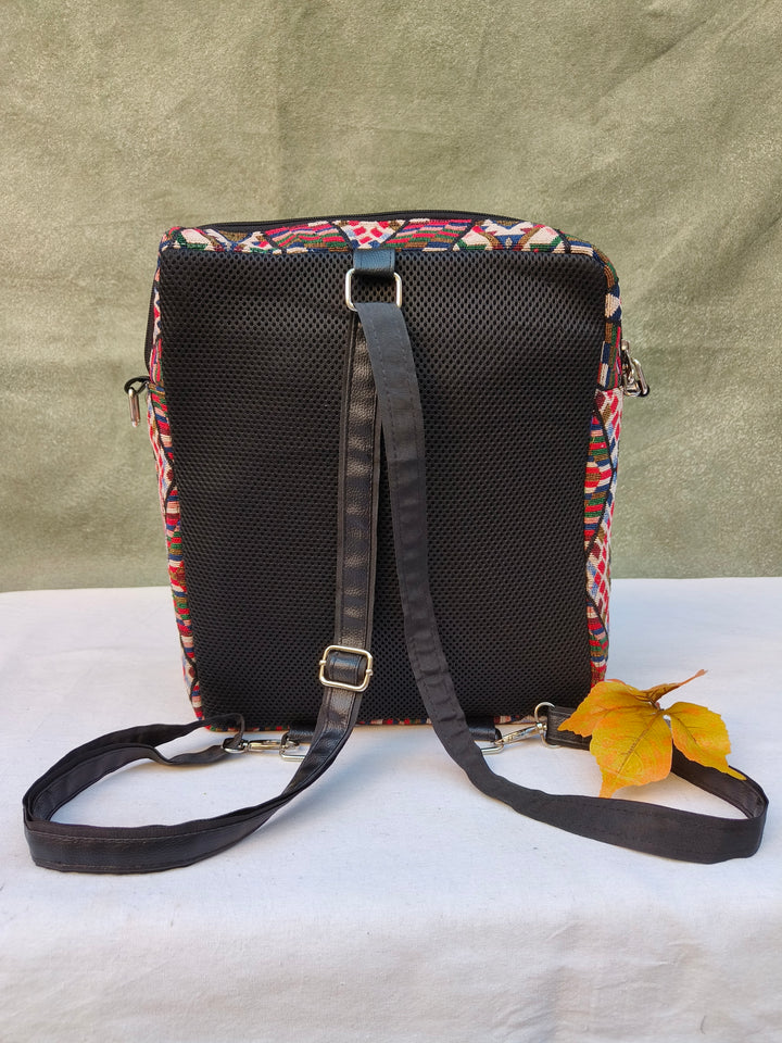 Lap sling cum backpack multicolor with Folk Loom Print